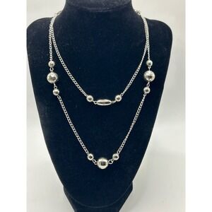 Silver Tone Double Strand Layered Necklace Faceted Disco Ball Bead Curb‎ Chain